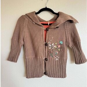 Free People Floral Embroidered Cardigan M Brown Pink Cottagecore Boho Knit Comfy